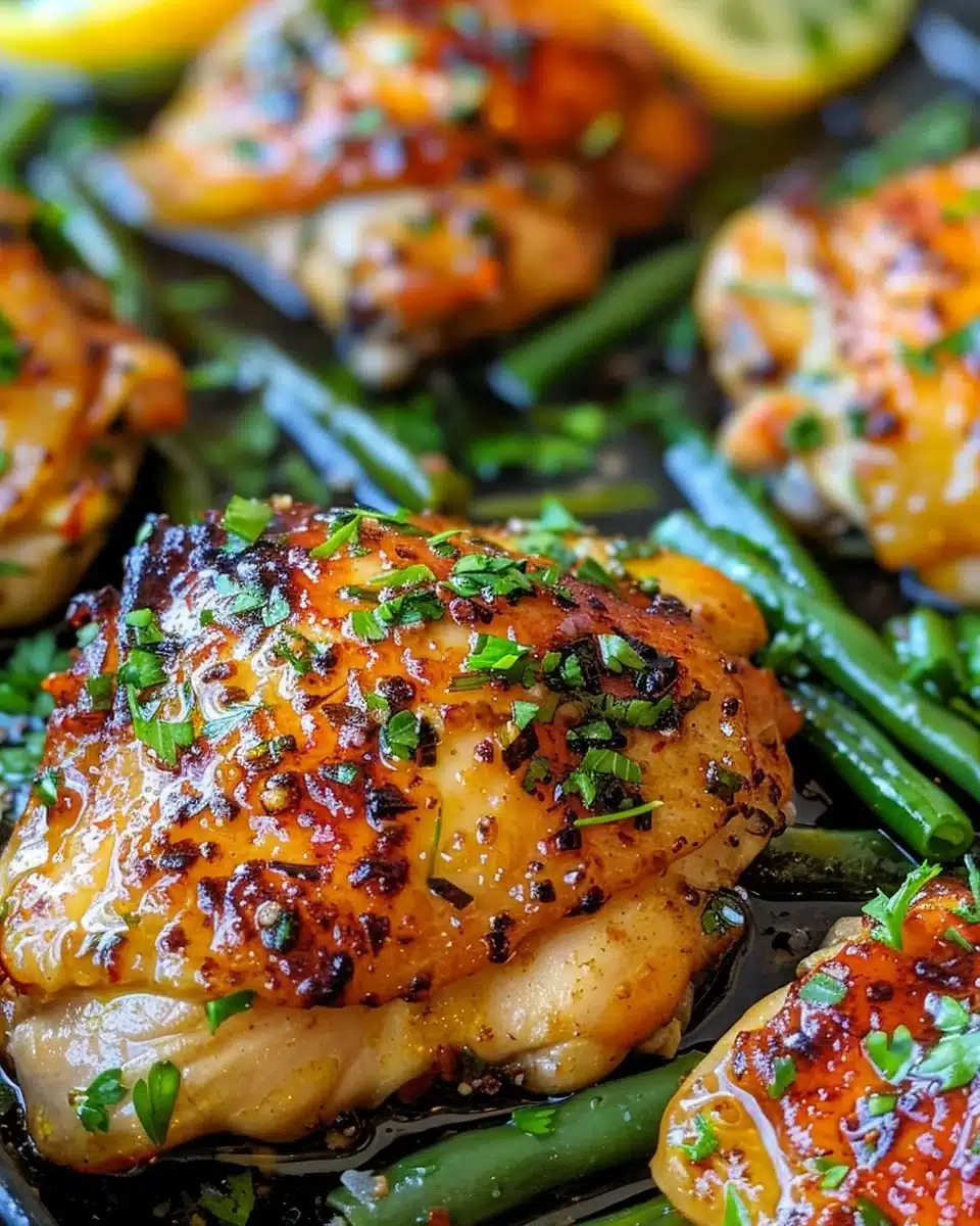 Lemon Garlic Butter Chicken Thighs served on a plate with fresh herbs