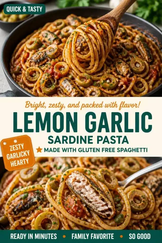 Delicious Lemon Garlic Sardine Pasta served in a white bowl with fresh herbs