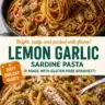 Delicious Lemon Garlic Sardine Pasta served in a white bowl with fresh herbs