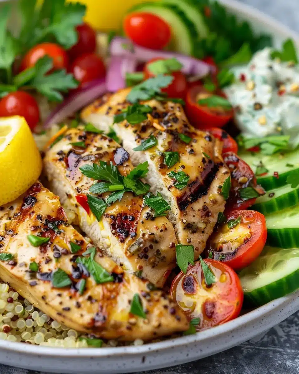 Lemon Herb Greek Chicken Bowl with fresh vegetables and herbs