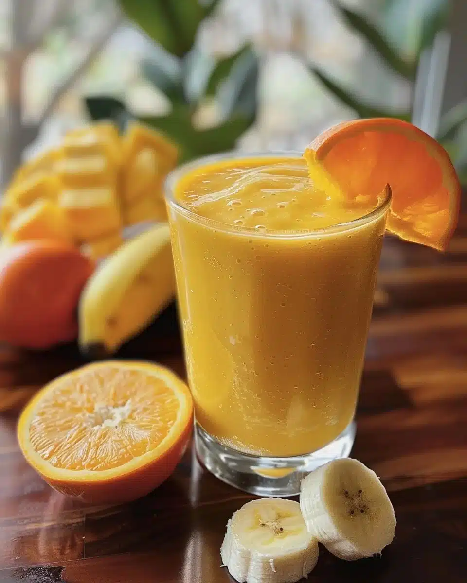 Mango orange banana cold buster smoothie in a glass, perfect for boosting immunity