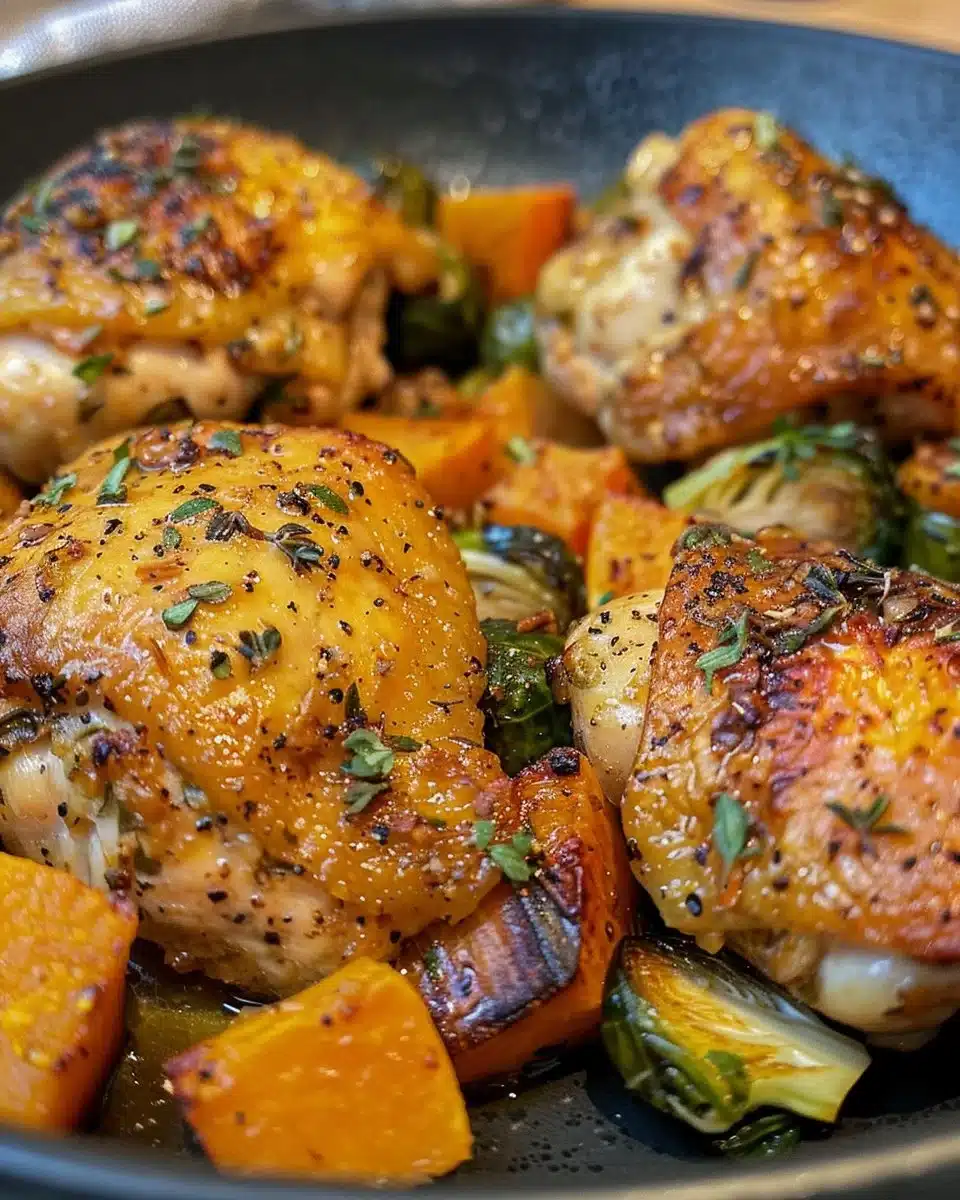 Sheet pan Maple-Dijon Chicken with roasted butternut squash and Brussels sprouts