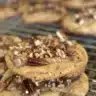 Maple Pecan Pie Squares topped with pecans in a rustic wooden setting.