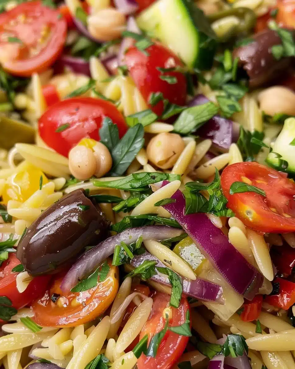 Mediterranean-style orzo salad with fresh vegetables and dressing