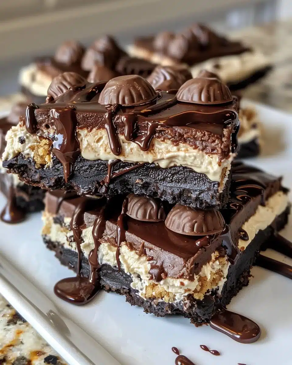 Mini peanut butter cup cheesecakes topped with chocolate and peanut butter.