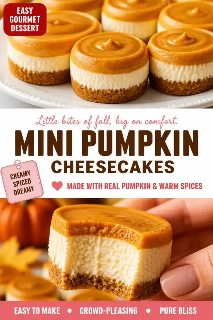 Mini pumpkin cheesecake bites served on a platter, garnished with whipped cream.