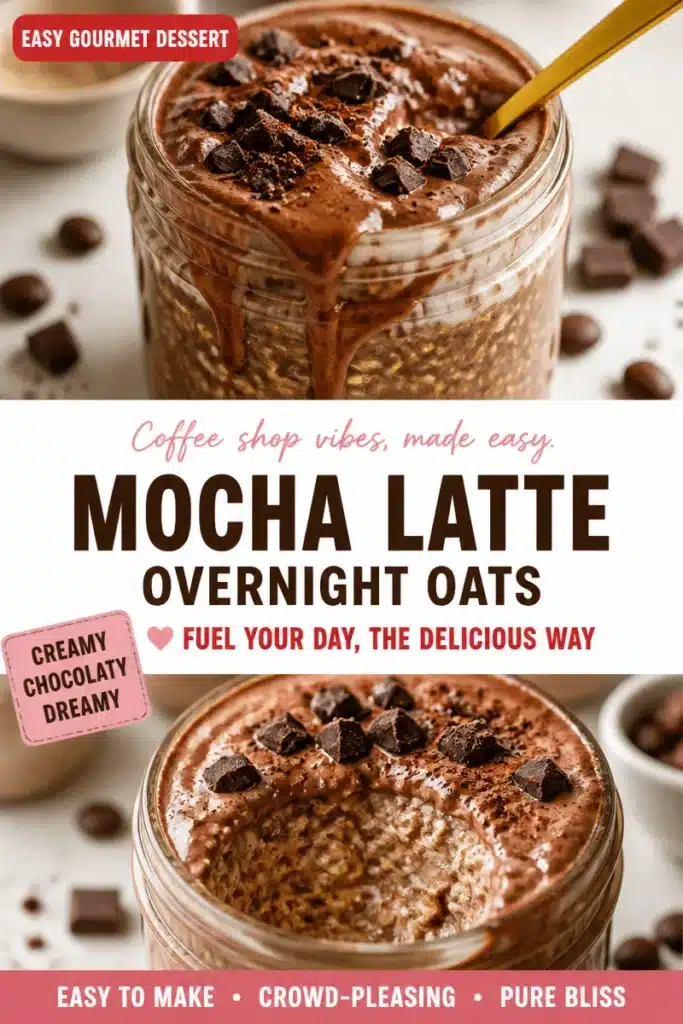 Mocha latte overnight oats in a jar topped with chocolate and coffee grains.