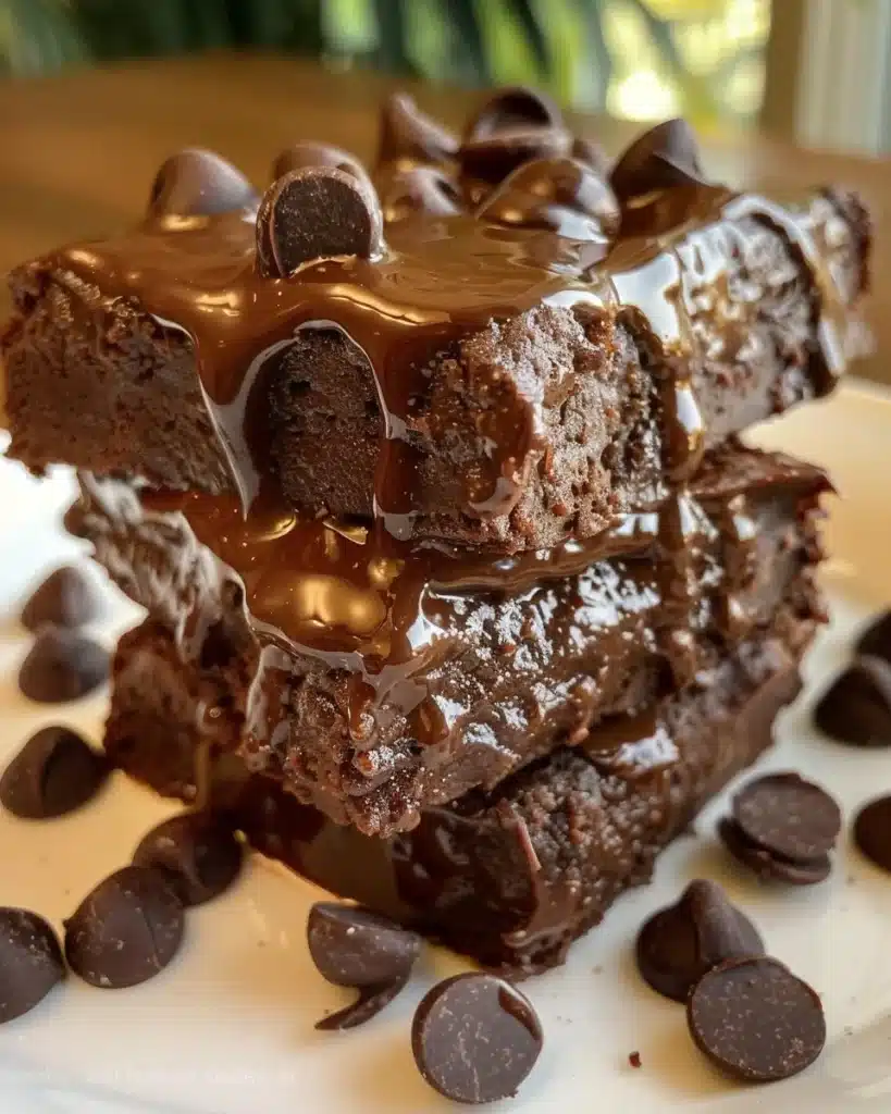 Delicious no-bake brownies stacked on a plate with chocolate drizzle.