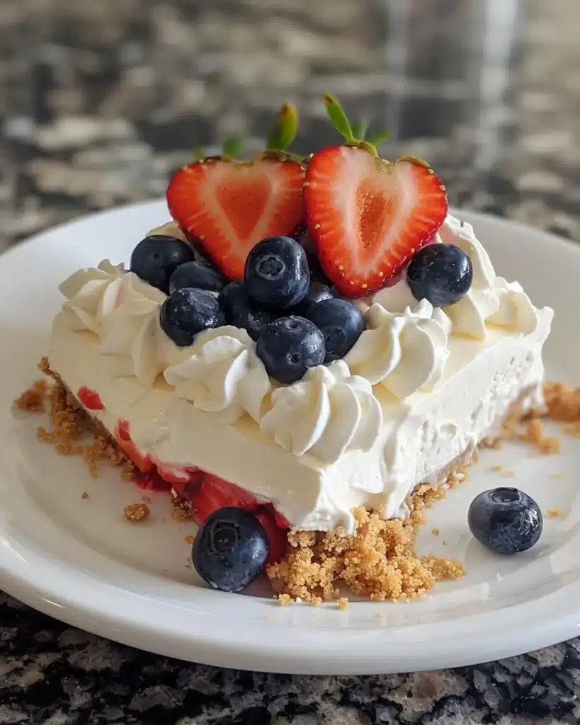 Delicious no-bake flag cheesecake bars topped with fresh berries.