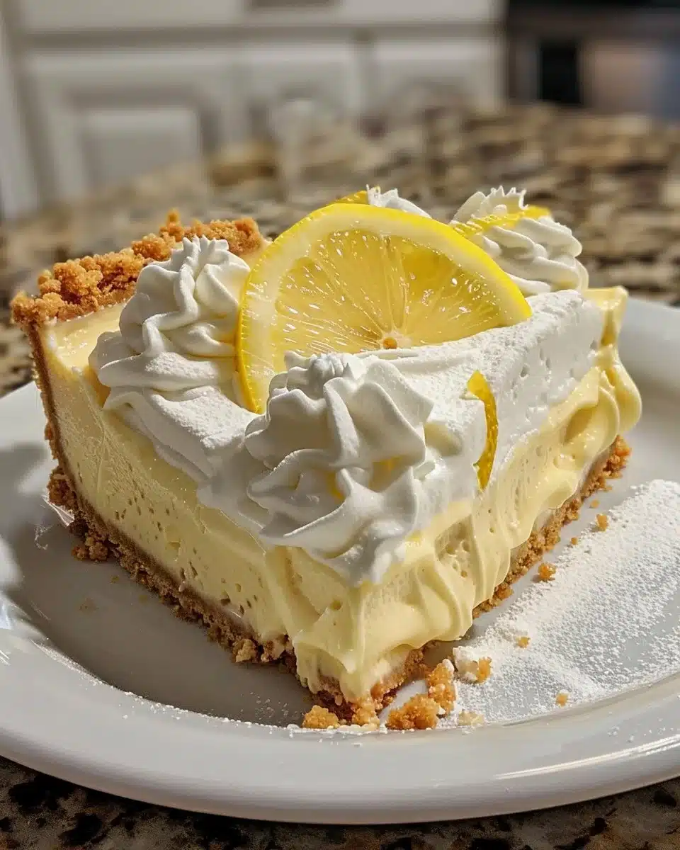 No-bake lemon cream cheese pie with a graham cracker crust and lemon zest