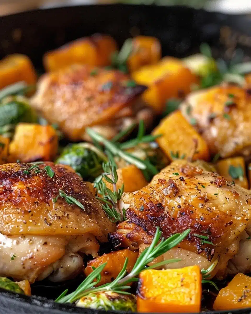 One-Pan Maple-Dijon Chicken with roasted butternut squash and Brussels sprouts