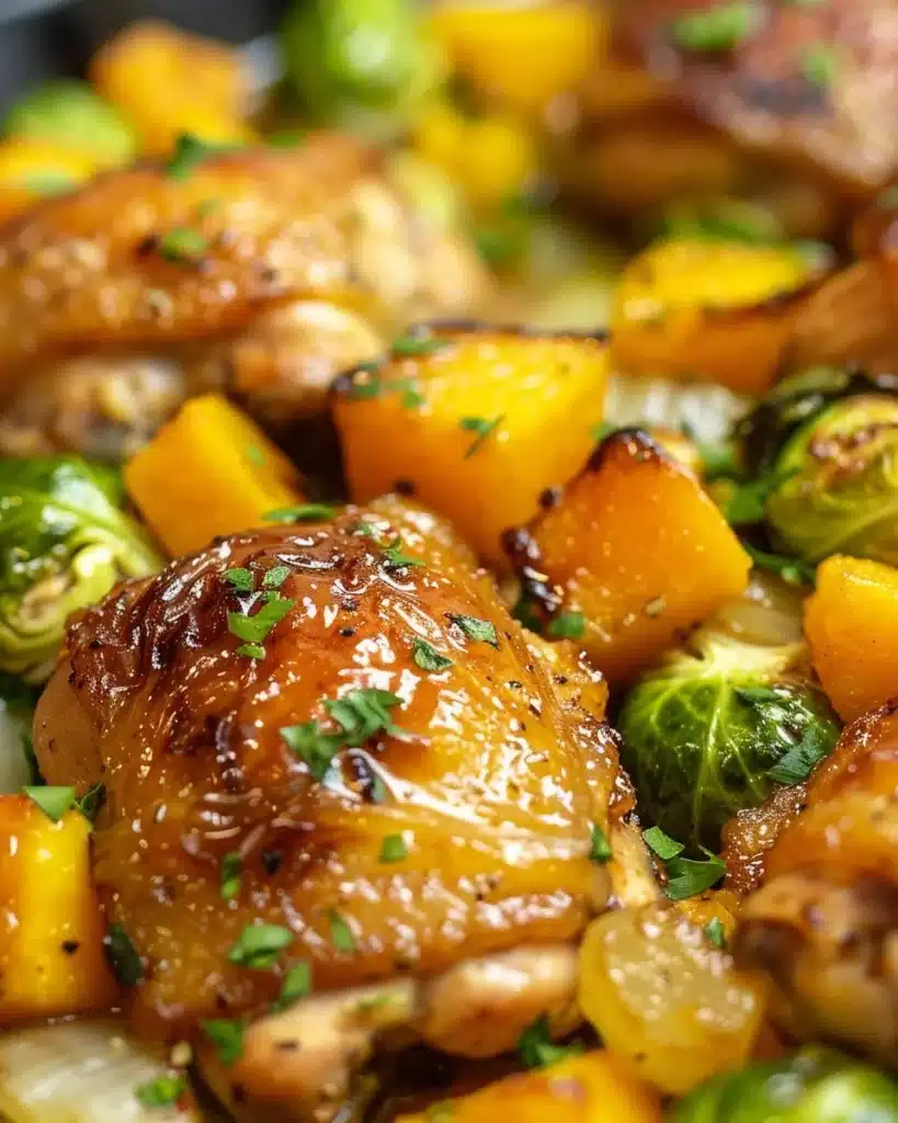 One-Pan Maple-Dijon Chicken with Roasted Butternut Squash and Brussels Sprouts
