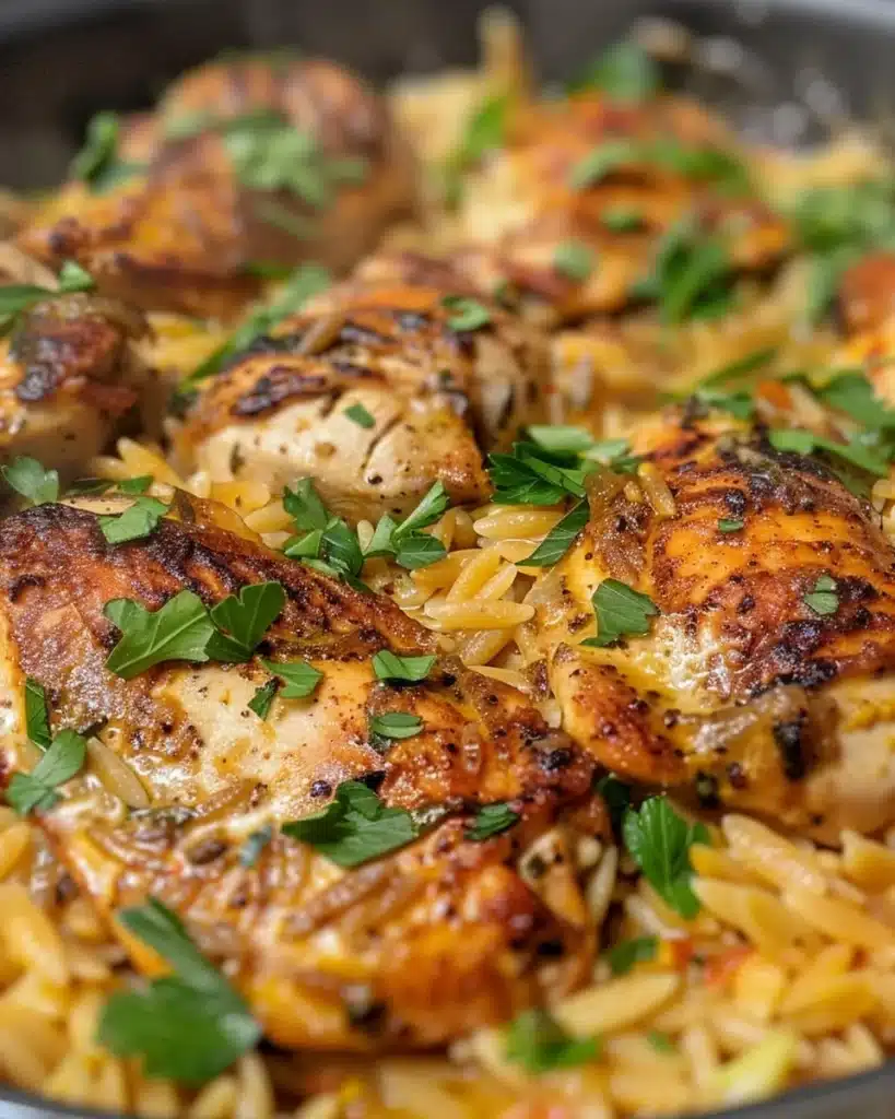 One Pot Cajun Chicken Alfredo Orzo with creamy sauce and spices