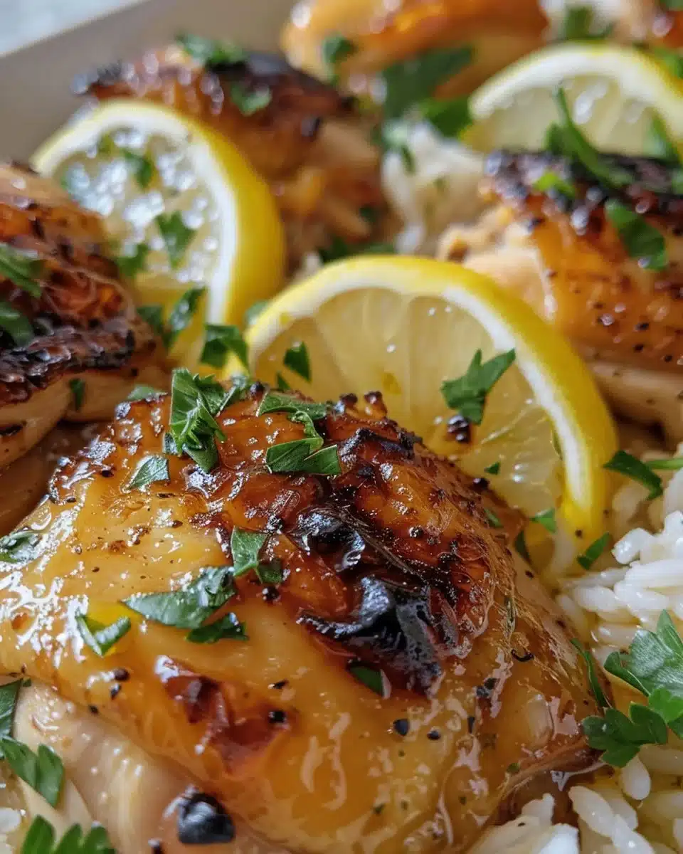 One Pot Greek Chicken and Rice dish garnished with herbs