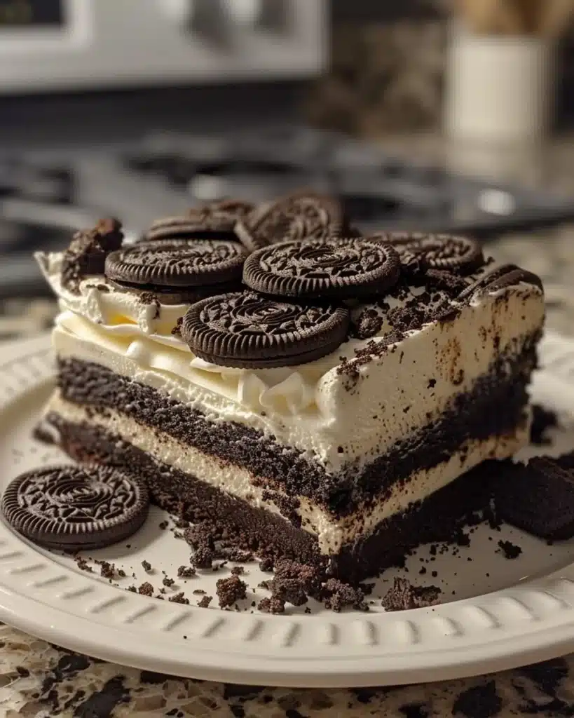 Oreo Mini Cheesecake Bites on a white plate topped with crushed Oreos.