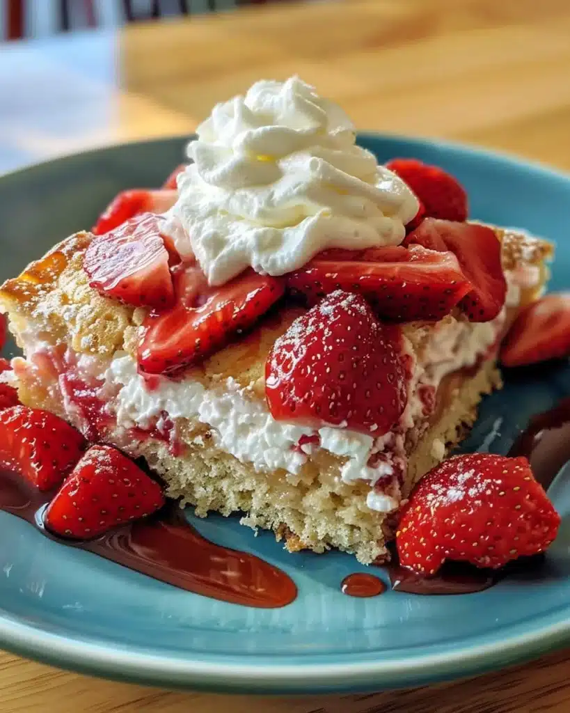 Fluffy pancakes topped with fresh strawberries on a plate