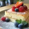 Stack of colorful patriotic pancakes topped with berries and whipped cream.
