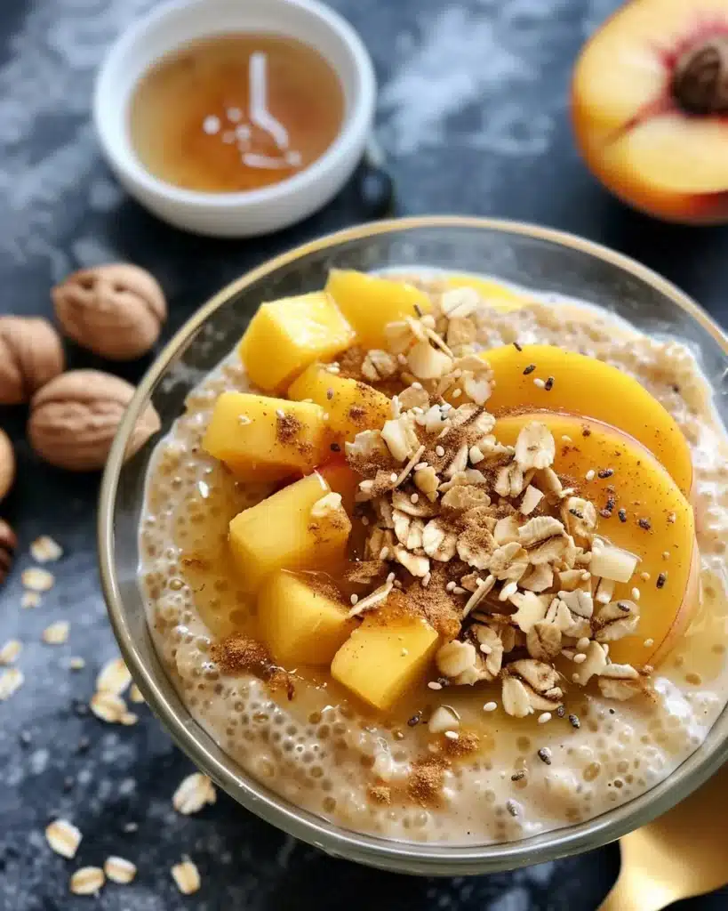 A bowl of Peach-Infused Overnight Oats topped with fresh peach slices and nuts.