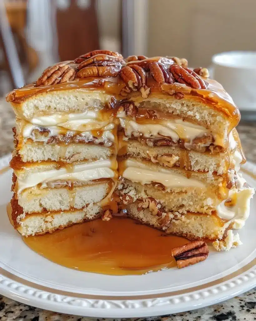 Pecan pie-inspired cinnamon rolls drizzled with caramel glaze