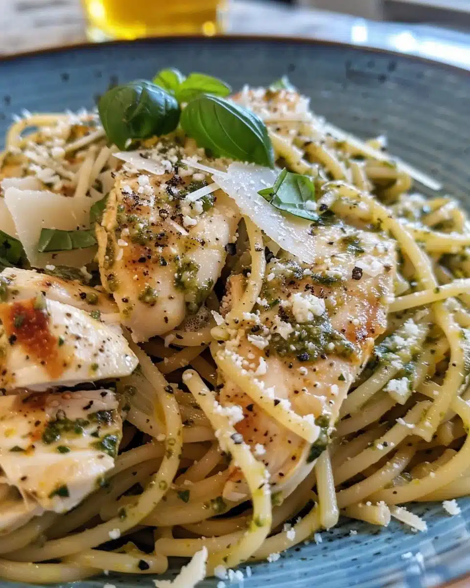 Pesto Pasta with Grilled Chicken served in a bowl with fresh basil and pine nuts