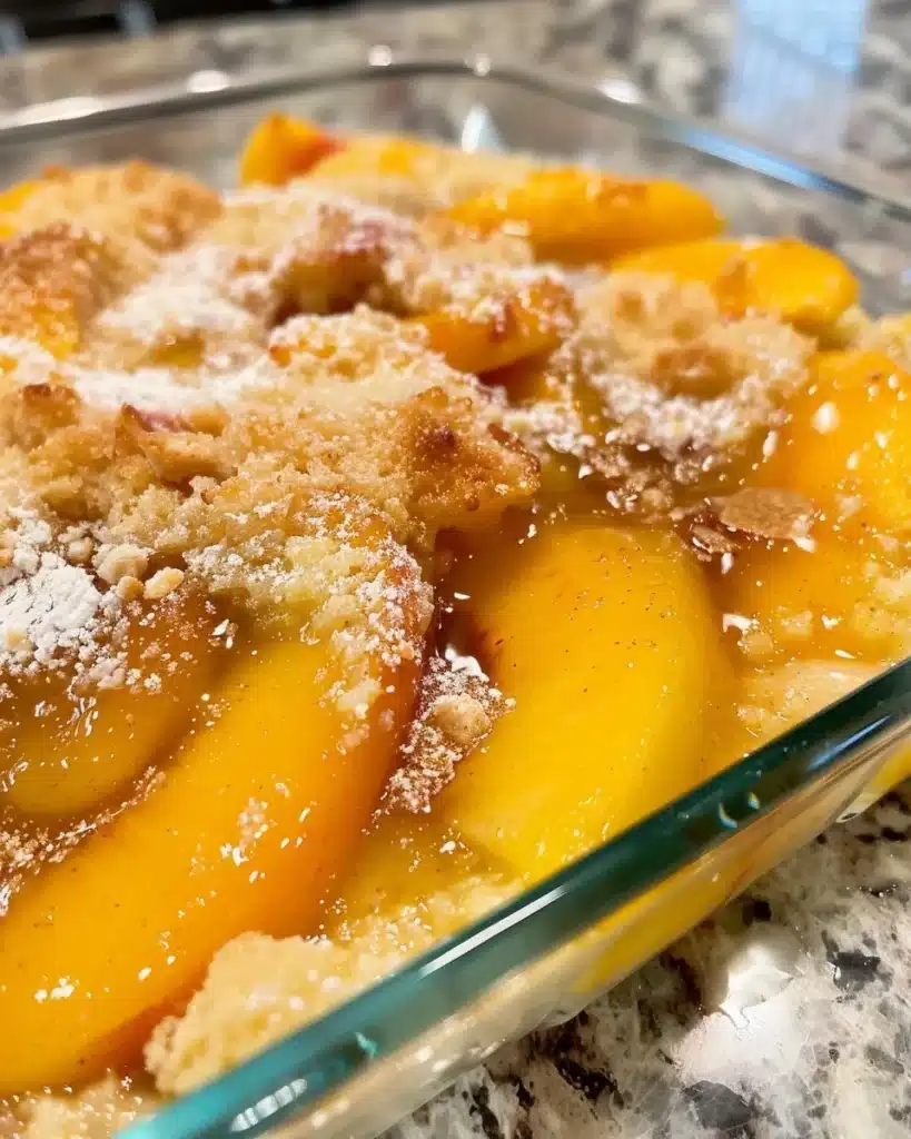 Delicious plant-based peach cobbler served warm with a scoop of vegan ice cream.