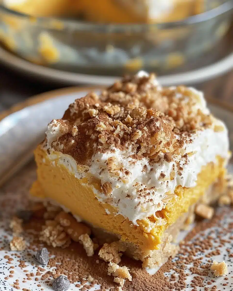 Delicious Pumpkin Magic Bars topped with pumpkin spice and creamy filling