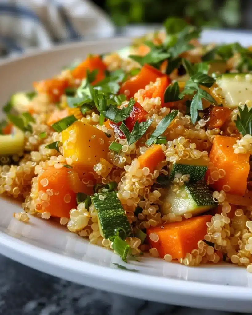 Healthy quinoa bowl topped with roasted vegetables, showcasing vibrant colors and textures.