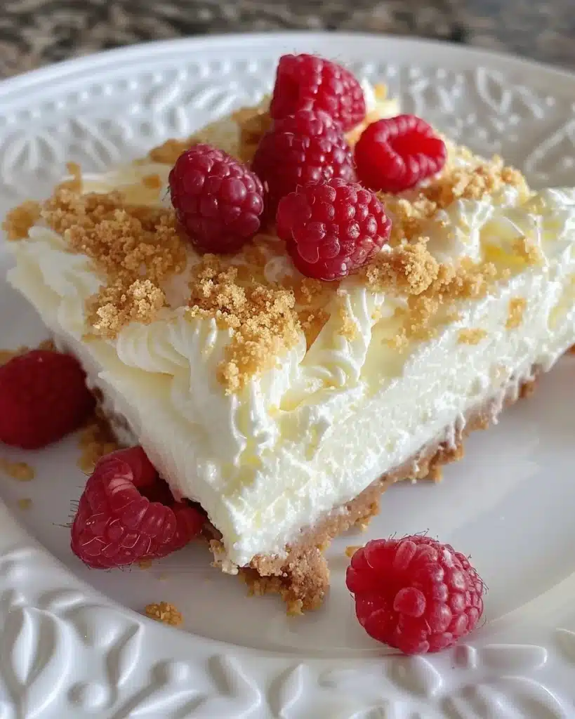 Delicious Raspberry Lemon Cheesecake slice on a plate with fresh raspberries