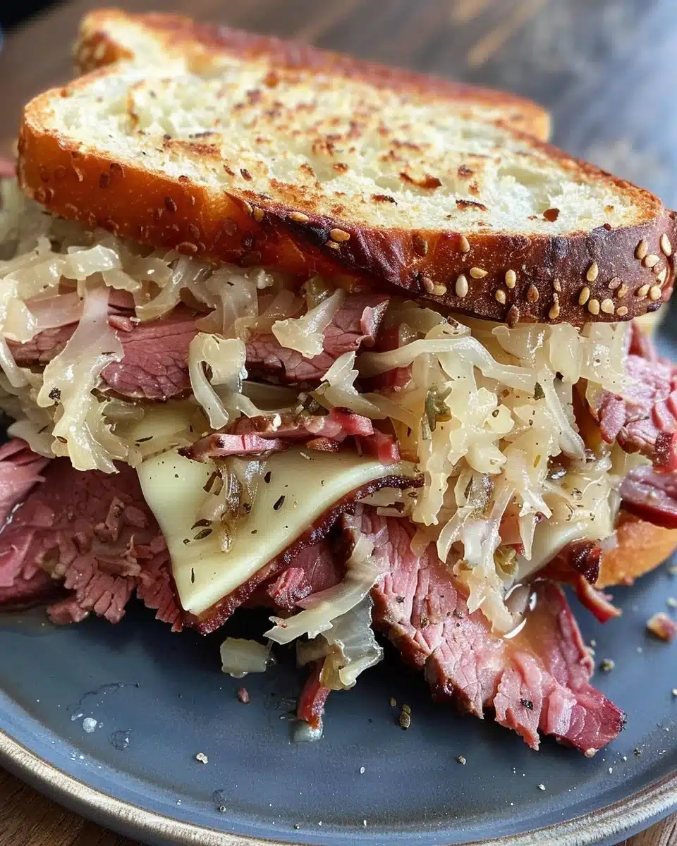Delicious Reuben Sandwich with corned beef, Swiss cheese, and sauerkraut on rye bread.
