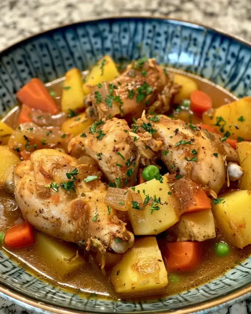 A bowl of robust chicken and vegetable stew with fresh ingredients