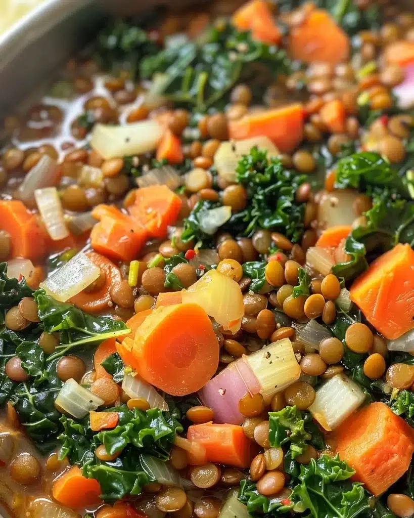 Bowl of robust lentil and kale soup garnished with herbs and spices