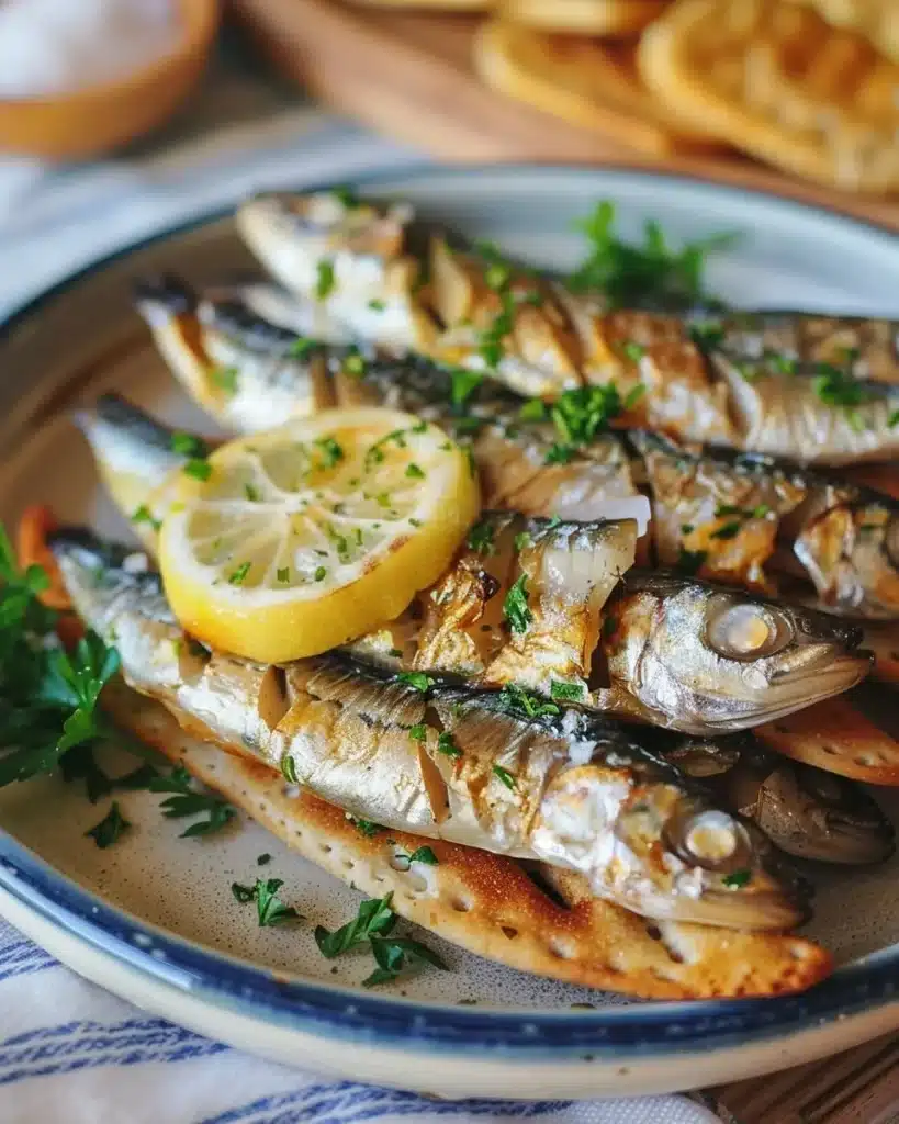 A delicious sardine salad served with crunchy crackers on a plate.