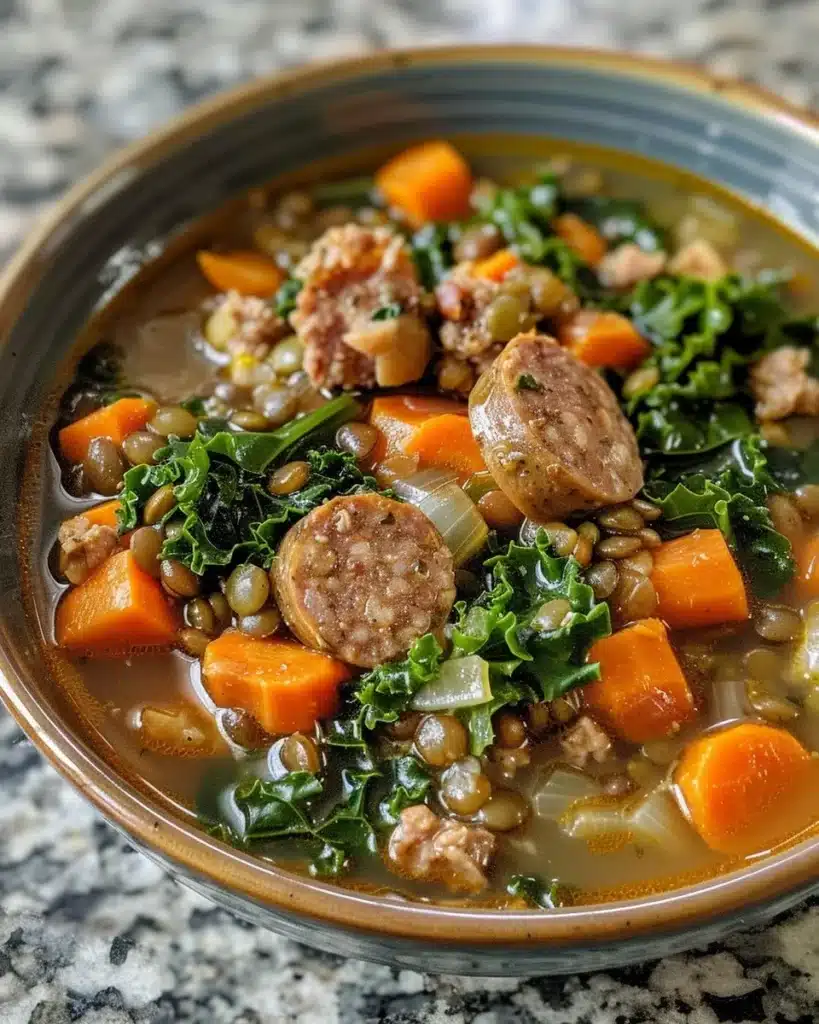 Delicious bowl of sausage lentil soup with fresh herbs and spices
