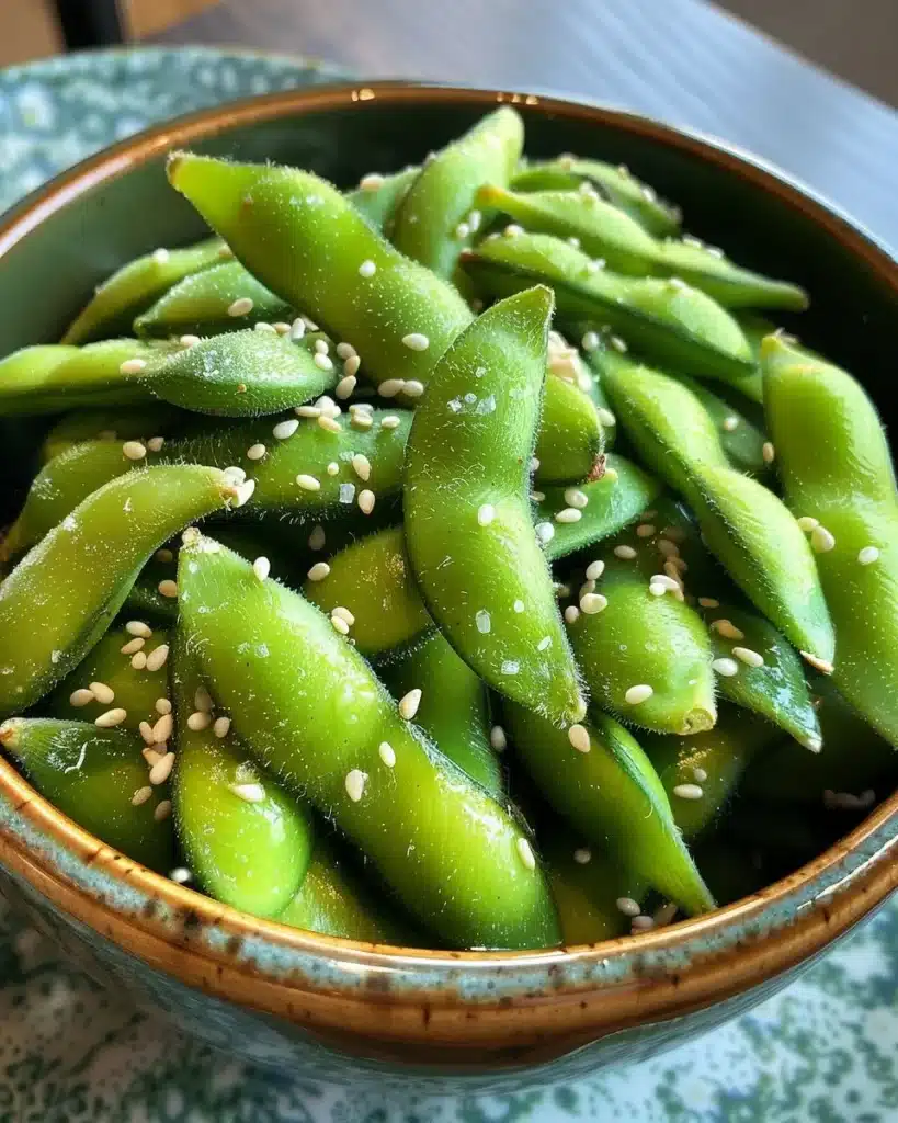 Bowl of sesame-salted edamame, a healthy protein-rich snack.