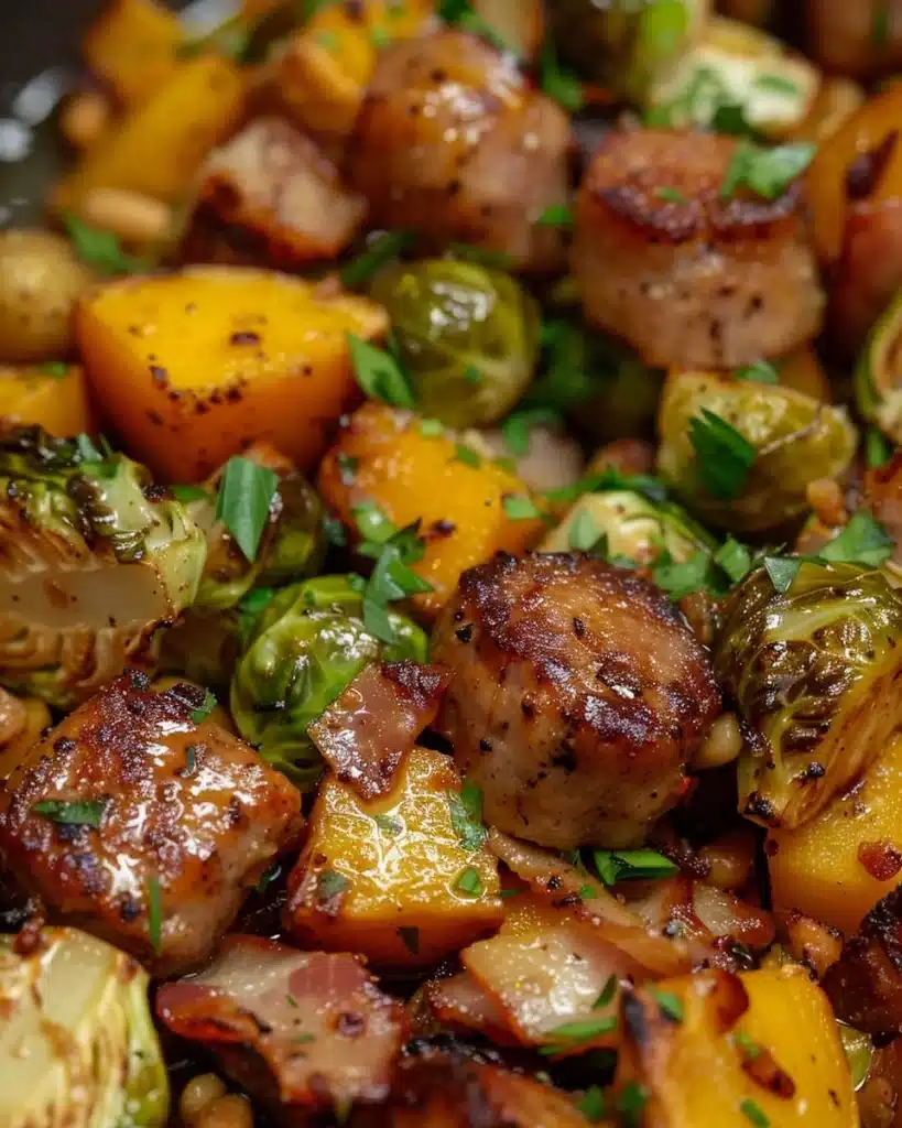 Sheet pan chicken sausage with colorful roasted vegetables dinner.