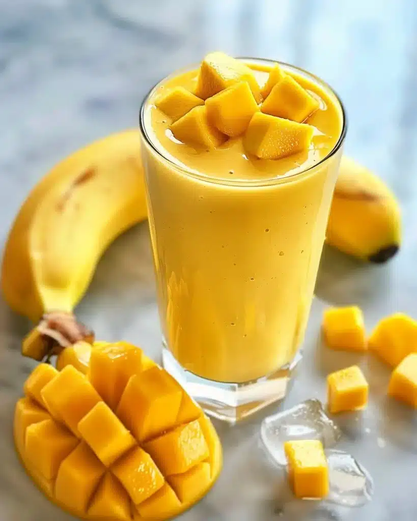 Silky mango smoothie in a glass with fresh mango slices and mint leaves