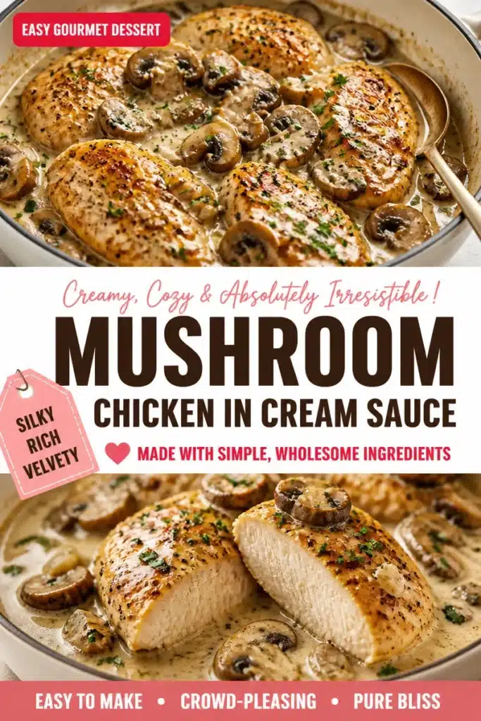 Silky Mushroom Chicken in Cream Sauce served on a plate with fresh herbs