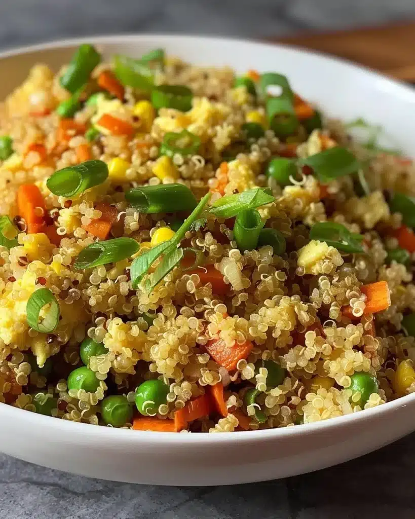 Delicious quinoa fried rice with vegetables in a bowl