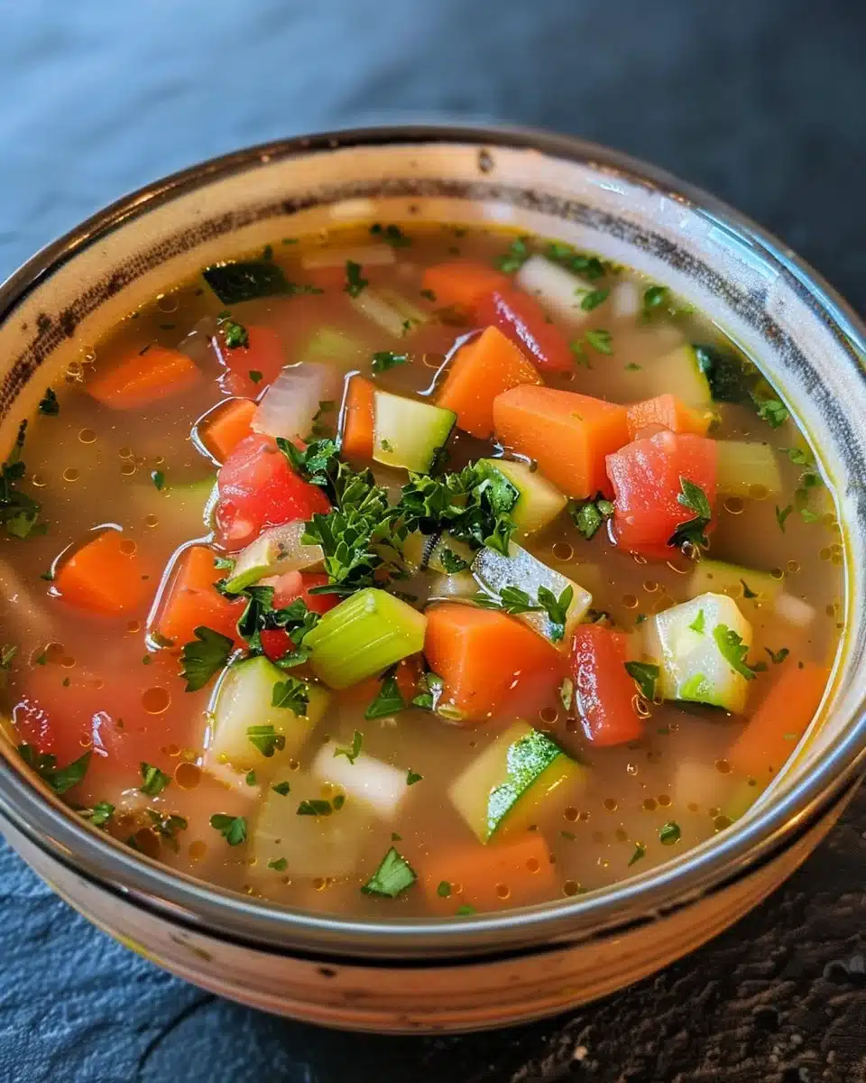 A bowl of simple vegetable soup with colorful veggies and herbs.