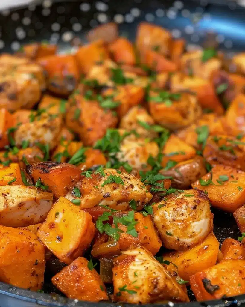 Skillet chicken dish with sweet potatoes, garnished and ready to serve.