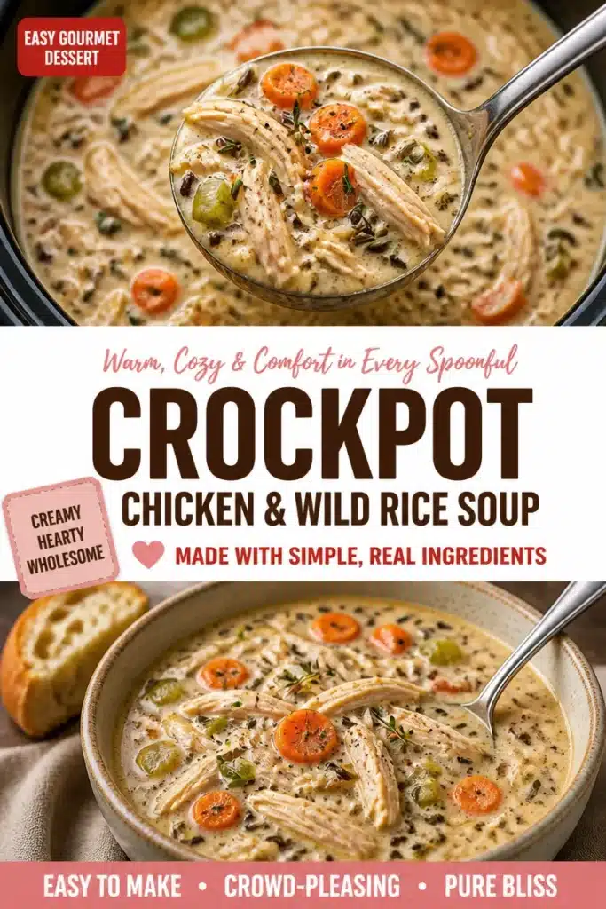 Bowl of slow cooker chicken and wild rice soup with herbs and vegetables