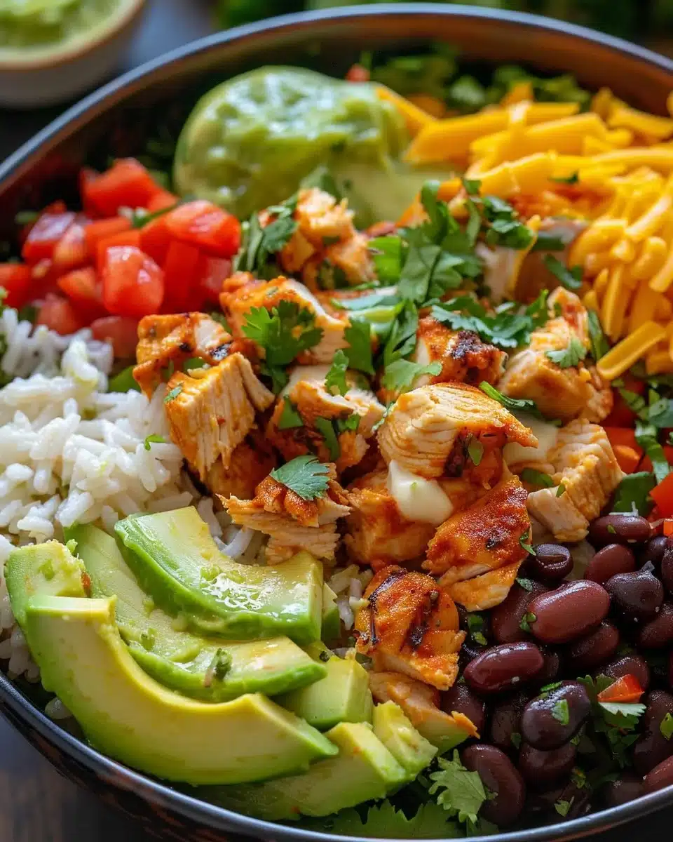 Delicious slow cooker chicken burrito bowl with rice, beans, and toppings