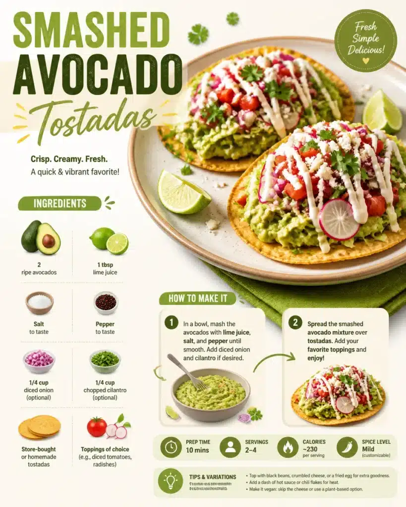 Delicious smashed avocado tostadas topped with fresh ingredients.