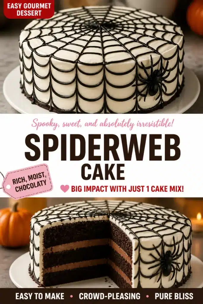 A beautifully decorated Spiderweb Cake for Halloween with chocolate and icing details.