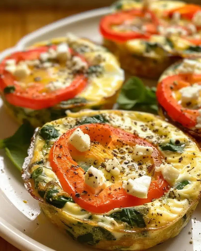 Spinach and feta egg muffins baked in a muffin tin, topped with fresh spinach.