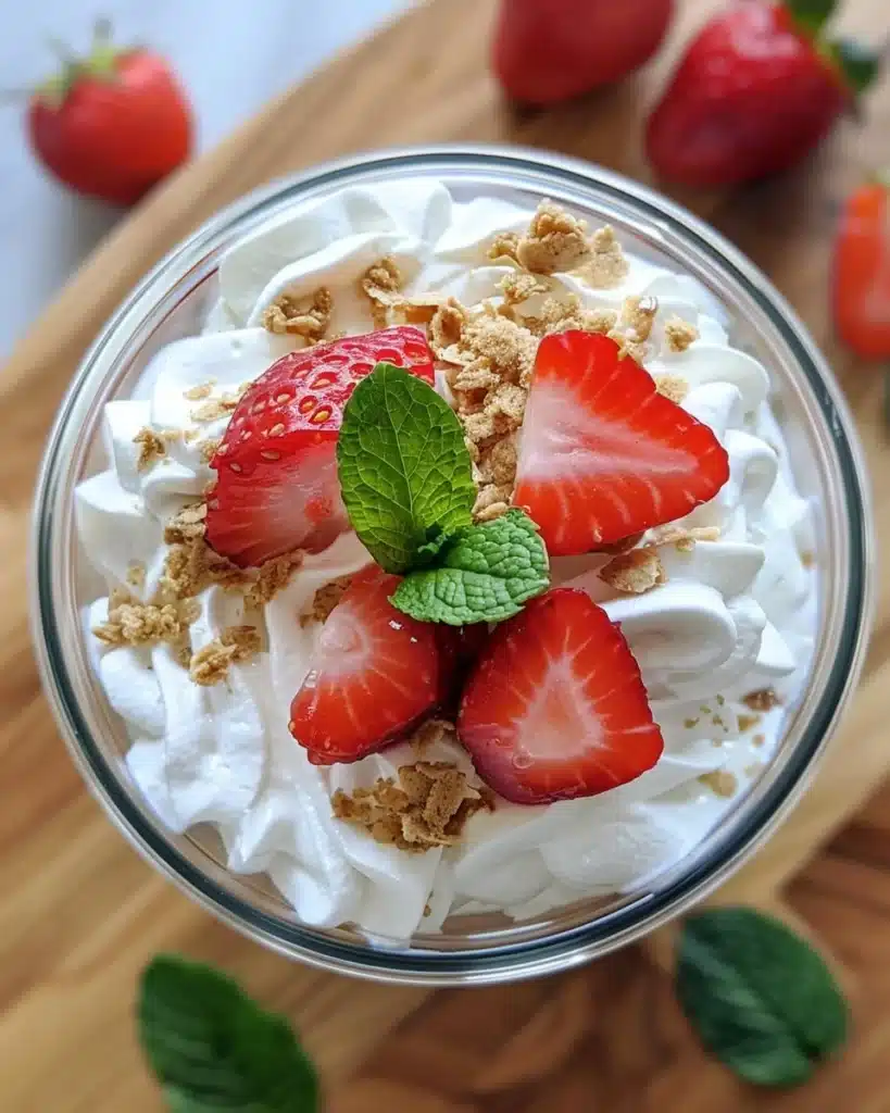 Strawberry cheesecake parfait layered in a glass with fresh strawberries and whipped cream.
