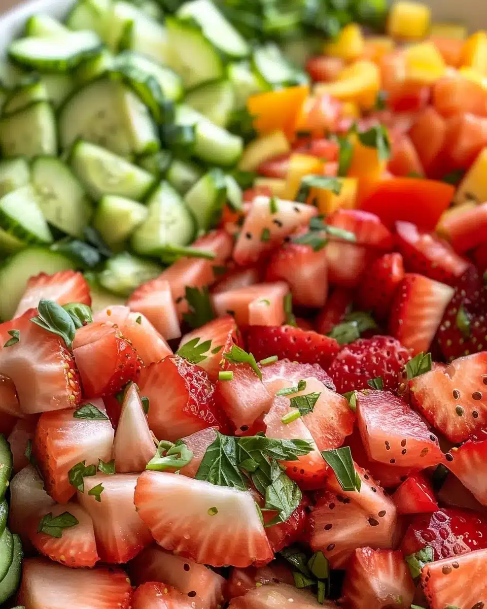 Delicious Strawberry Gazpacho served in a bowl garnished with fresh strawberries.
