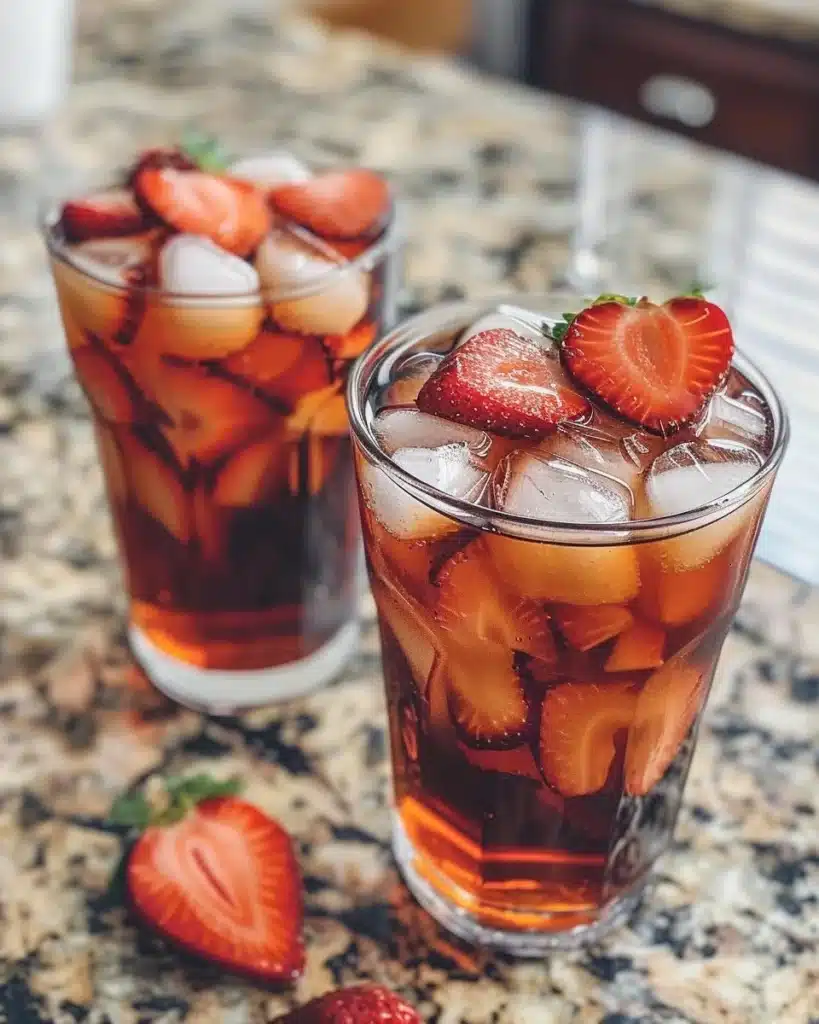 Strawberry-Infused Hibiscus Iced Tea served in a glass with fresh strawberries.