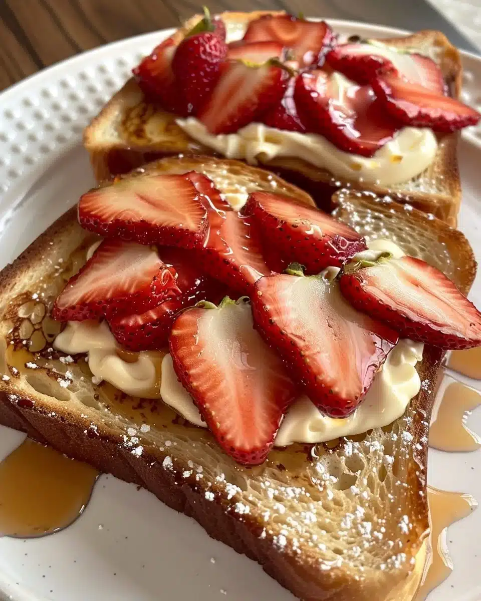 Delicious Strawberry Stuffed French Toast topped with fresh strawberries and syrup