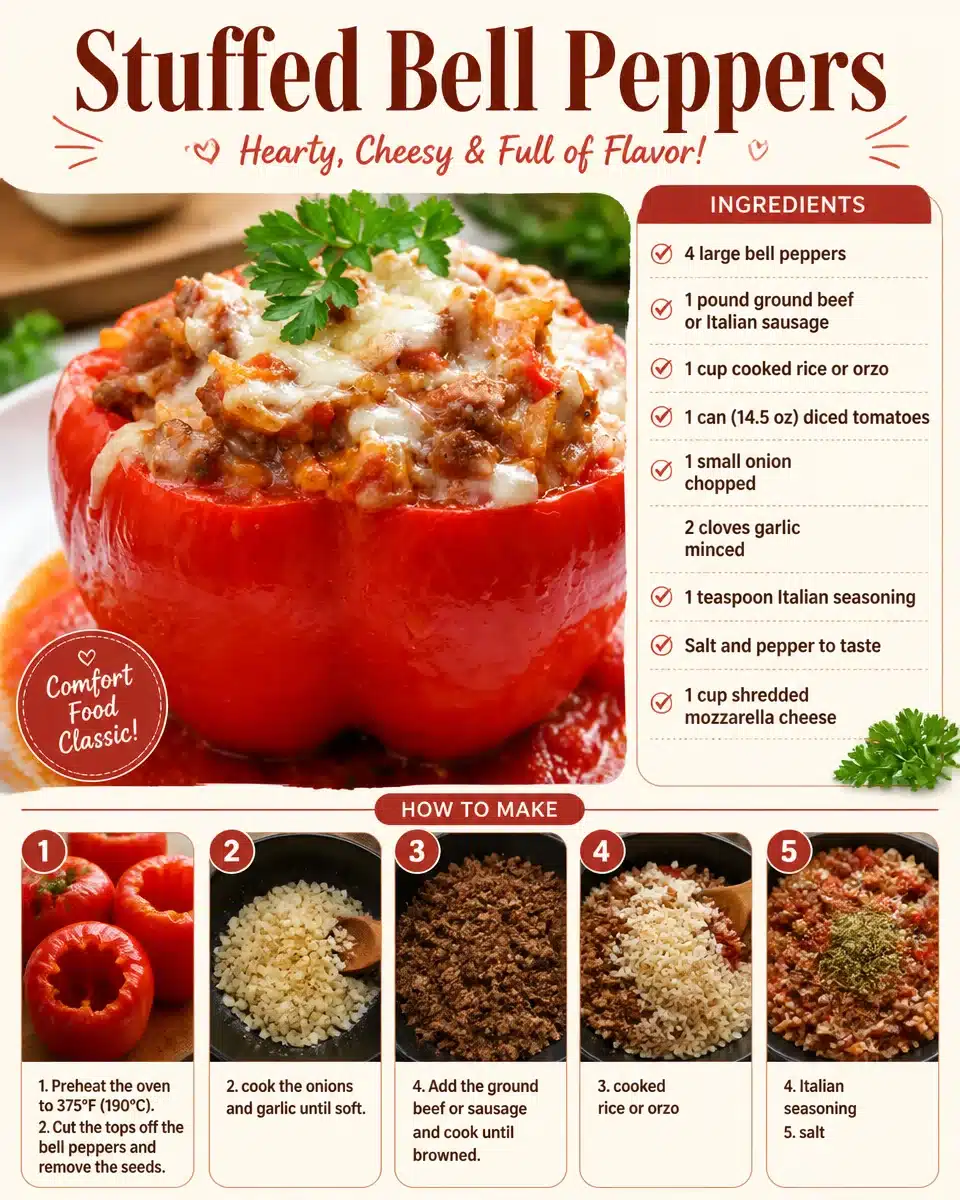 Colorful stuffed bell peppers filled with rice, meat, and vegetables